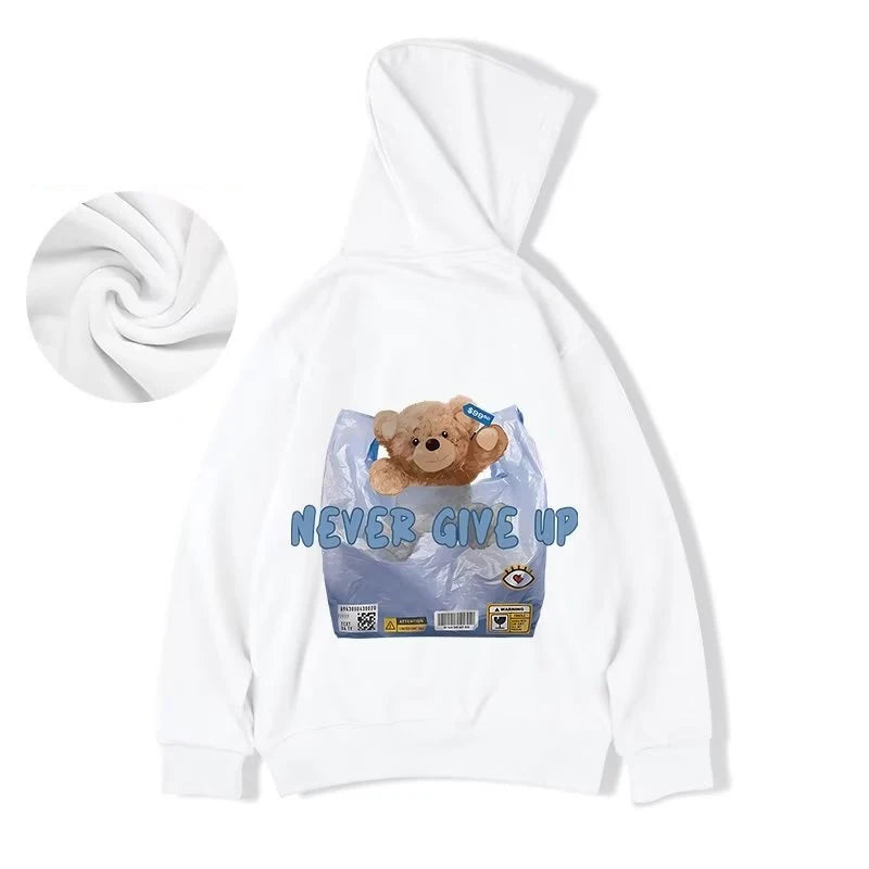 New Never Give Up Bear Printed Hoodies For Men Hip Hop Streetwear Pocket Pullover Sweatshirts Autumn Y2K Vintage Fleece Hoodie Street King Limited