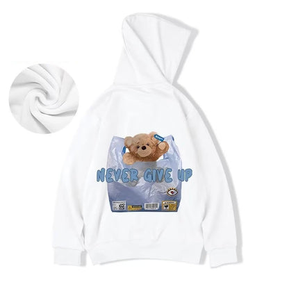 New Never Give Up Bear Printed Hoodies For Men Hip Hop Streetwear Pocket Pullover Sweatshirts Autumn Y2K Vintage Fleece Hoodie Street King Limited