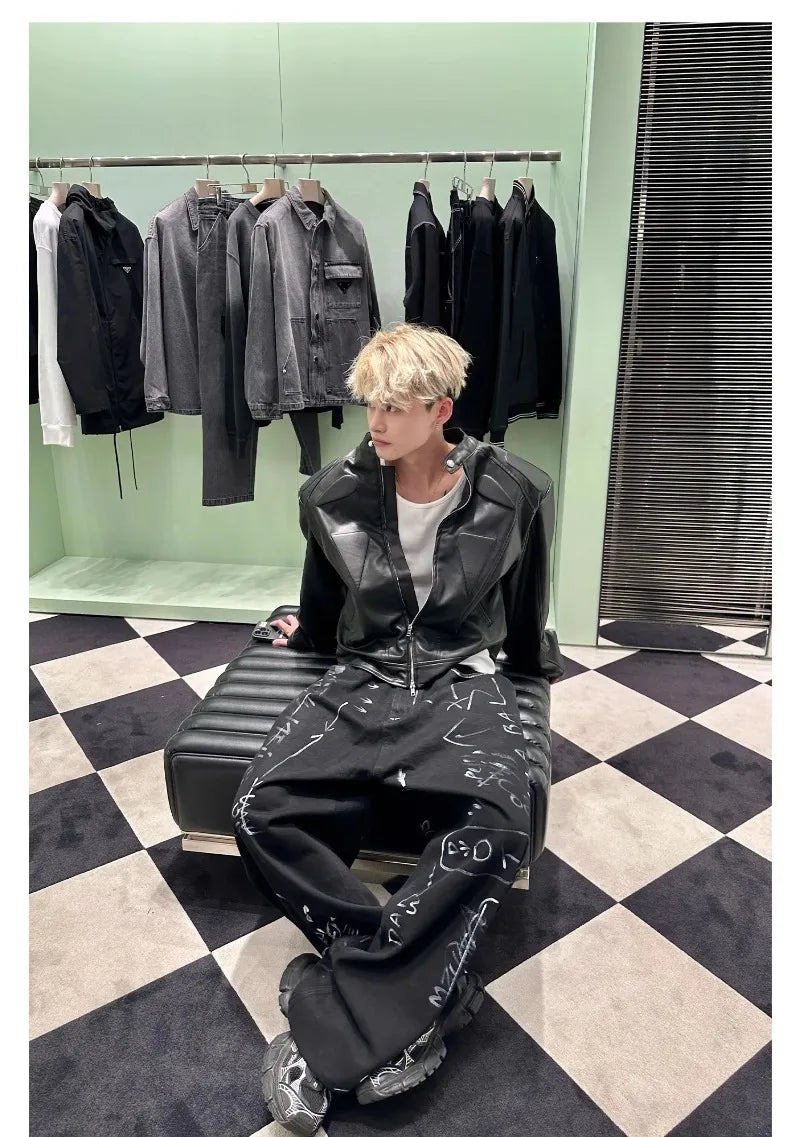 high street motorcycle pu leather jacket men hip hop trend shoulder padded coat street fashion stand collar zipper short outwear unique shorts style 1953