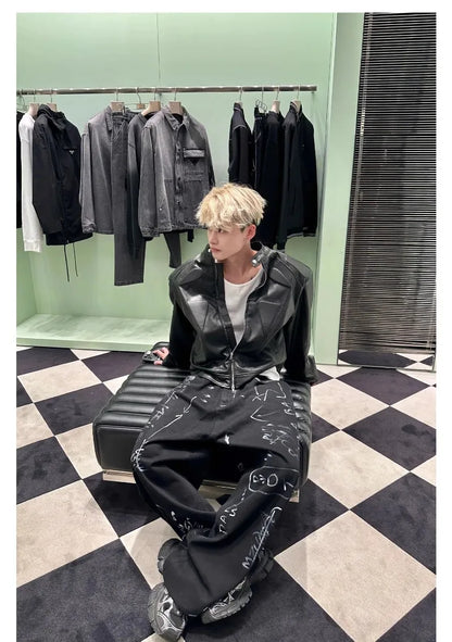 high street motorcycle pu leather jacket men hip hop trend shoulder padded coat street fashion stand collar zipper short outwear unique shorts style 1953