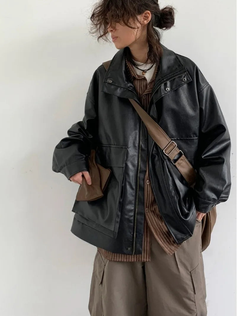 japanese spring pu leather jacket mens high street black profile tooling pilot jacket loose standing collar motorcycle outwear unique default style 2071