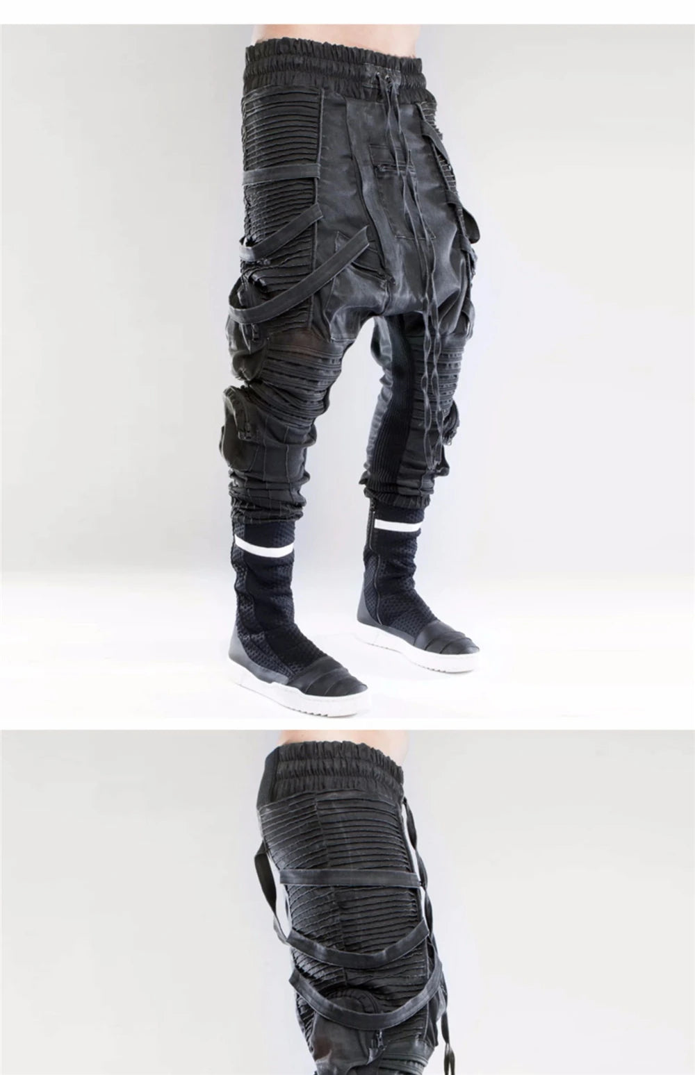 vintage motorcycle trousers joggers mens asymmetric straped pleated cross pants function elastic waist trousers unique joggers style 3592