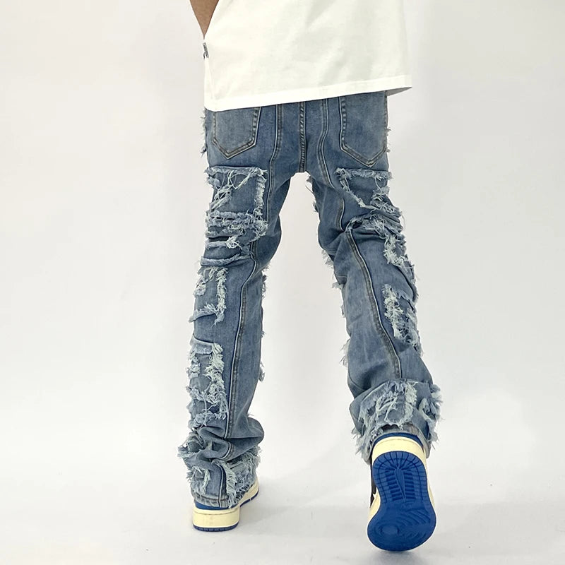retro hole ripped distressed jeans for men straight washed harajuku hip hop loose denim trousers vibe style casual jean pants ripped baggy denim