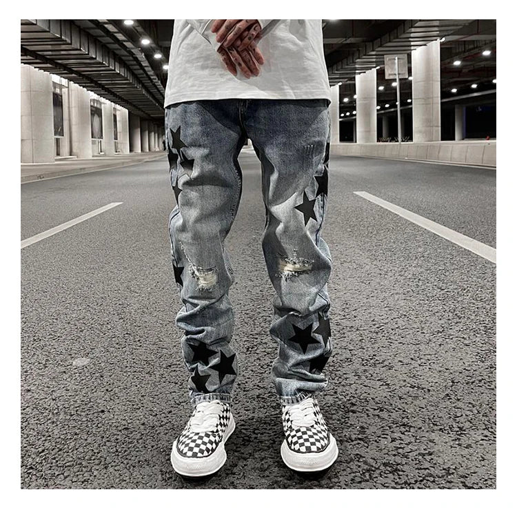 fashion ripped destroied jeans trousers distressed biker jeans with stars high street slim pants joggers denim jeans for men unique joggers style 2250