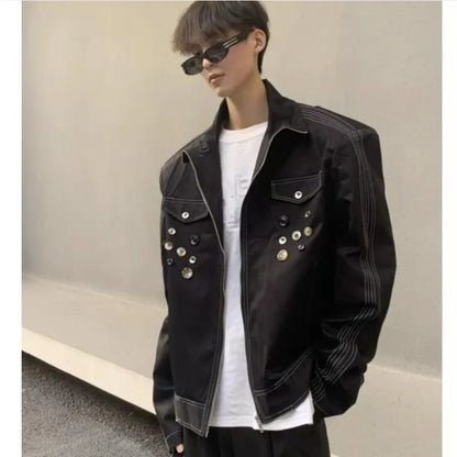spring retro irregular button mens jacket shoulder pad design trend high street coats motorcycle fashion stand collar outwear clean everyday pants