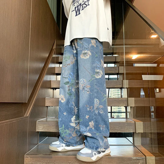 american high street floral printed jeans for men 2024 new y2k vintage denim trousers hip hop fashion wide leg baggy jean pants ripped baggy denim