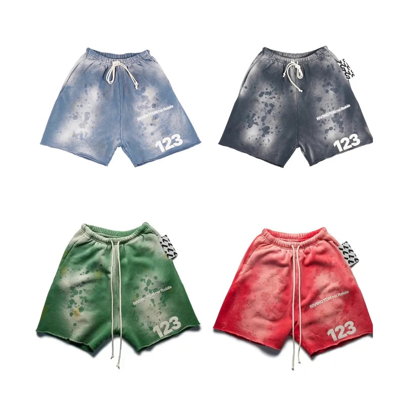 RRR123 2024 New Sports Shorts Heavyweight Washed Graffiti Print Vintage Drawstring Capris Casual High Street Loose Curled Y2K Street King Limited