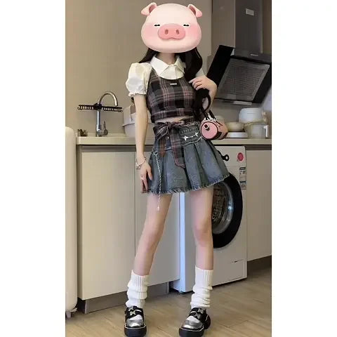Summer gentle outfit 2023 new Korean version short sleeved shirt plaid suspender denim short skirt womens two peice skirt sets Street King Limited
