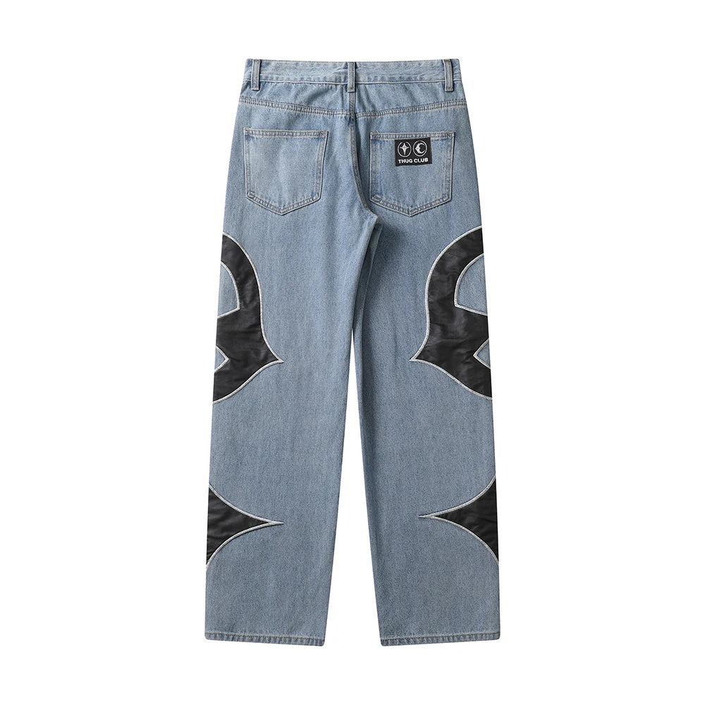 letter embroidery pu leaher patchwork baggy y2k jeans mens streetwear straight oversized denim trousers unisex cargo pants unique cargo style 108