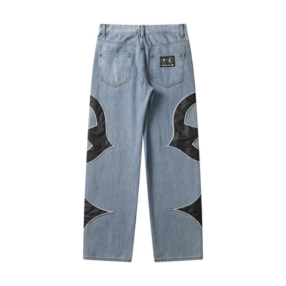 harajuku pu leaher embroidery patchwork baggy y2k jeans mens streetwear straight oversized denim trousers unisex cargo pants unique cargo style 4822