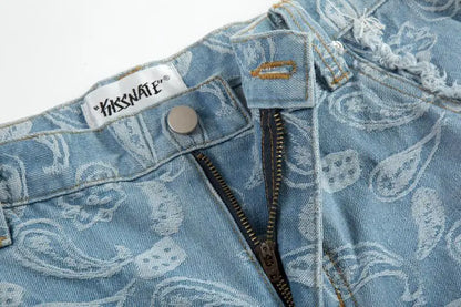 vintage high street washed light blue flared jeans cashew flower jacquard pattern rough edge jeans pants for men and women unique jeans style 928