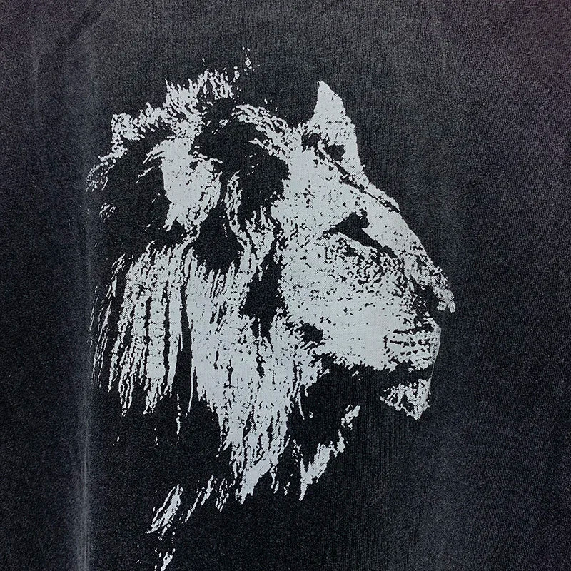 2024ss Sheep Lion Head Printing T Shirt Michael Men Woman Good Quality Vintage Wash Black O-Neck Loose Casual Tops Tee Street King Limited