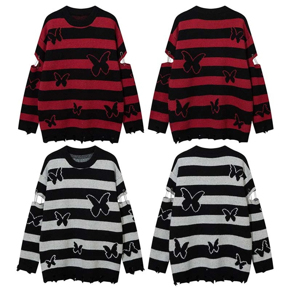 2023 Hip Hop Striped Knitted Sweater Streetwear Butterfly Graphic Distressed Ripped Pullover Men Harajuku Casual Knitwear Unisex Street King Limited