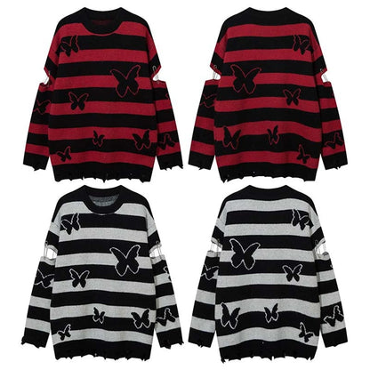 2023 Hip Hop Striped Knitted Sweater Streetwear Butterfly Graphic Distressed Ripped Pullover Men Harajuku Casual Knitwear Unisex Street King Limited