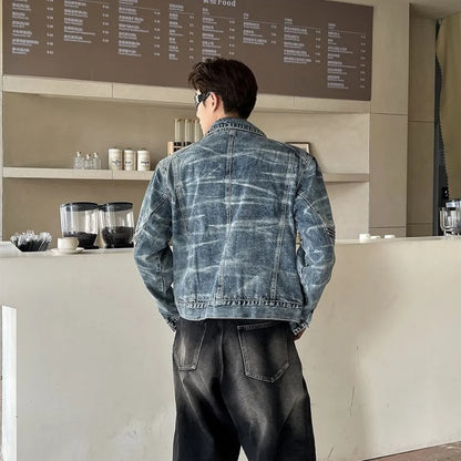 vintage washed mens denim jacket heavy weight high street contour pleat design cowboy coats short motorcycle hip hop outwear unique jeans style 3687