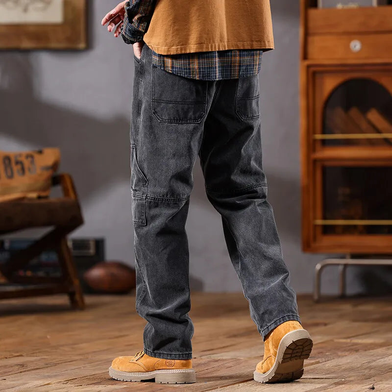 men retro fashion streetwear loose casual plus size straight denim cargo jeans pants man black gray jeans trousers combat utility trousers