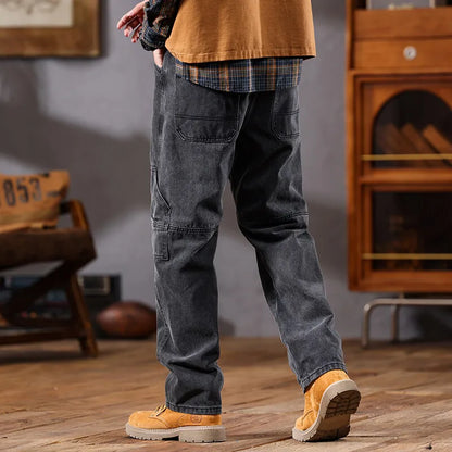 men retro fashion streetwear loose casual plus size straight denim cargo jeans pants man black gray jeans trousers combat utility trousers