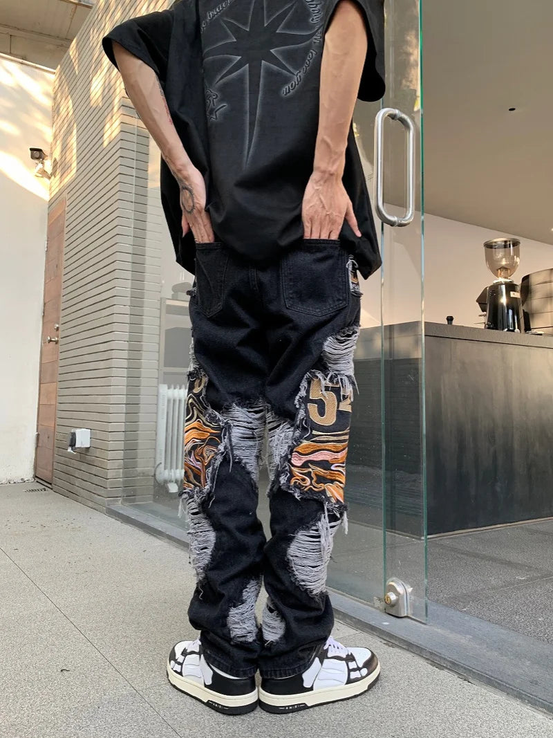 fashion embroidery destroyed ripped tassel holes denim jean pants mens casual loose straight jeans hip hop streetwear joggers casual joggers