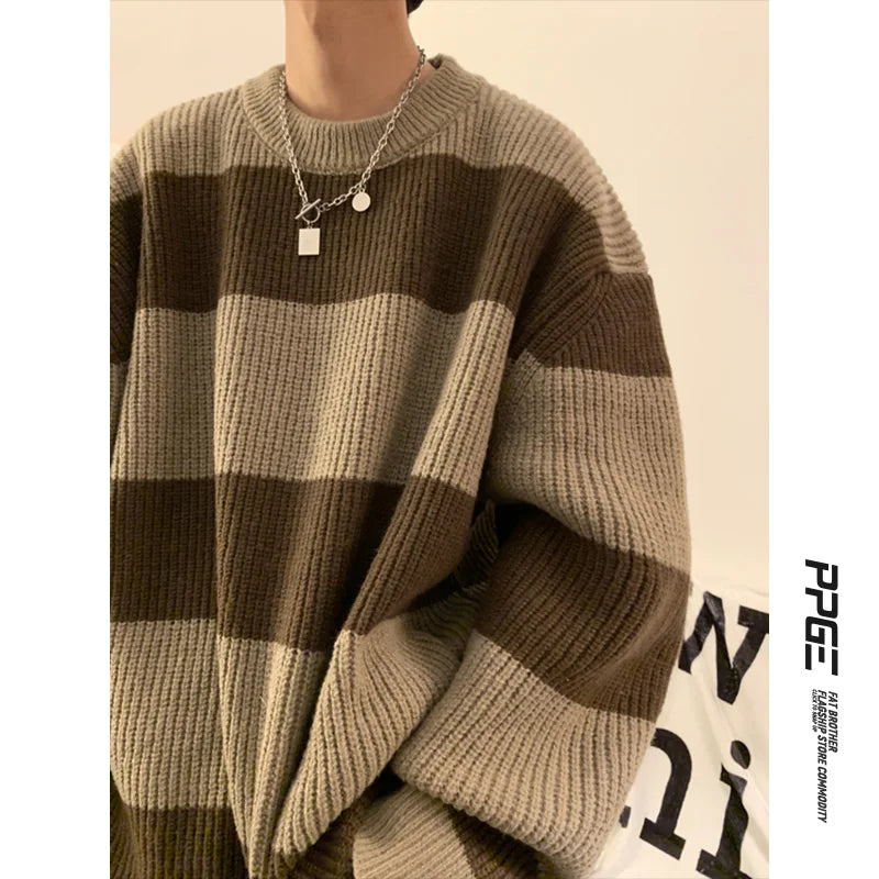 2023 striped sweaters lazy mens knitwear autumn and winter new outerwear trendy brand high end thread clothing men pullover unique default style 687