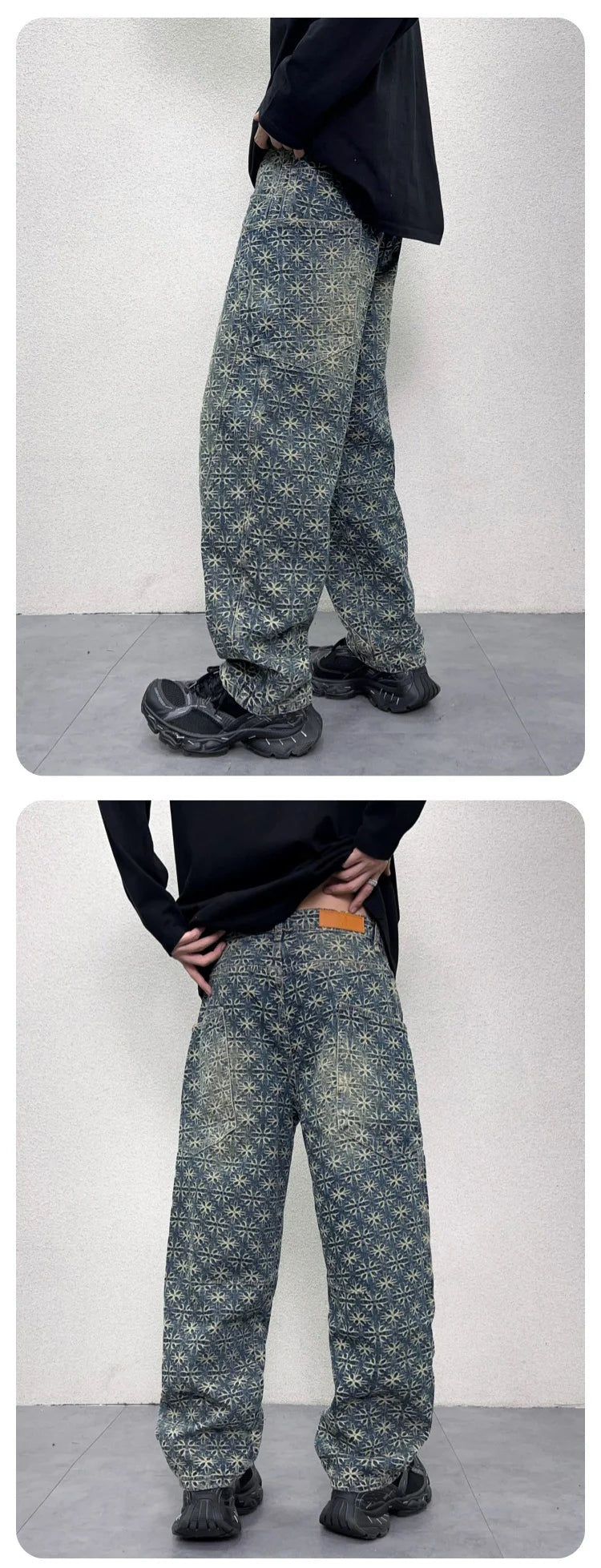 men jacquard loose casual hip hop vibe splice pocket denim baggy jeans pants man streetwear ripped jeans trousers boyfriend unique jeans style 2992