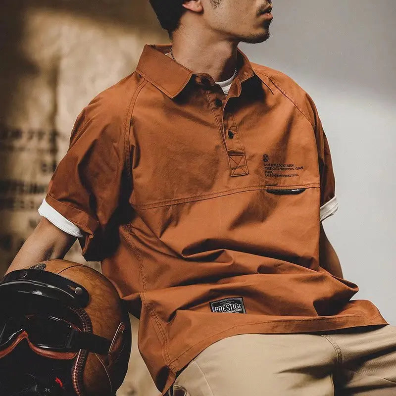 American Vintage Short-Sleeved T-Shirt Men's Summer Vintage Workwear Polo Shirt Loose And Versatile Five-Quarter Sleeve Top Street King Limited