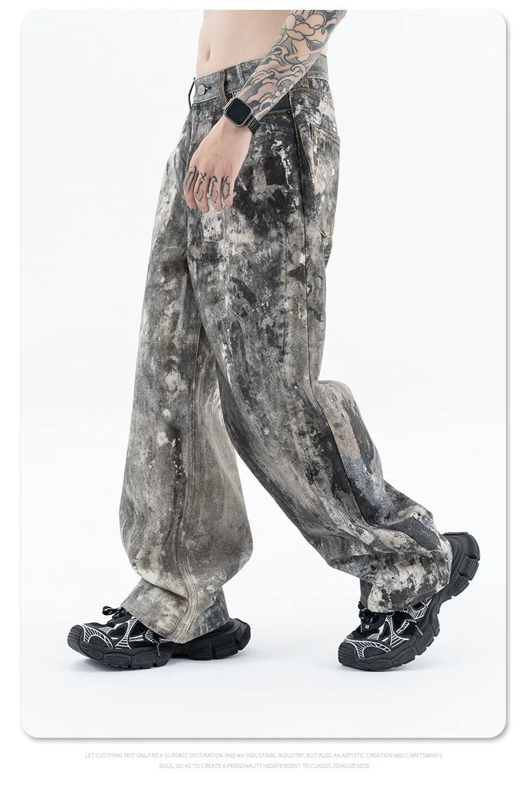 Autumn and winter 2024 new digital printed camo splash ink baggy jeans Street King Limited