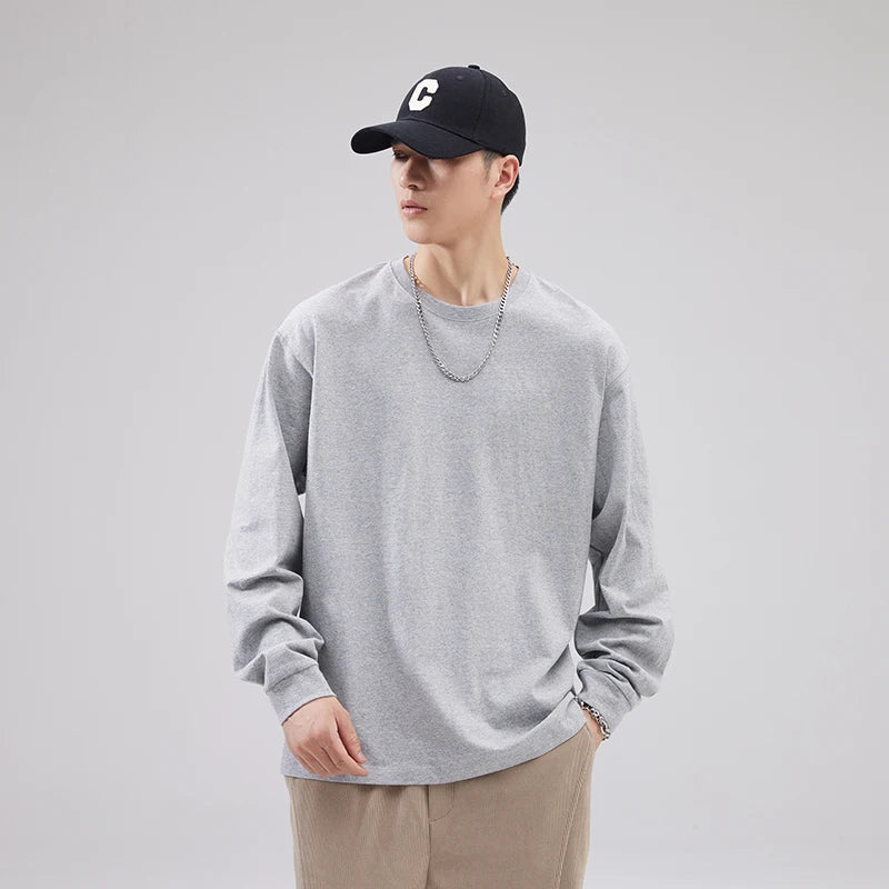 Cotton Long-Sleeved T-Shirt Men's Spring And Autumn Basic Solid Color Inner Loose Sweatshirt Men's White Bottoming Shirt Street King Limited