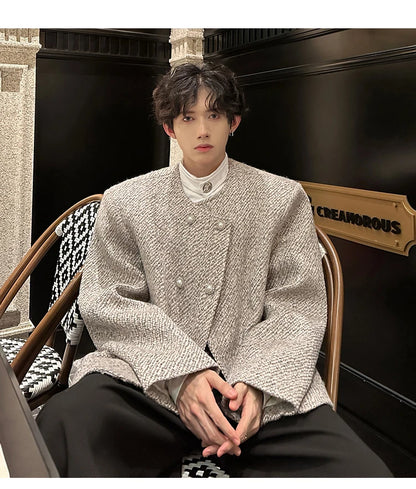 men double breasted french retro loose casual woolen short jacket man korean streetwear show fashion coat autumn outerwear unique shorts style 1324
