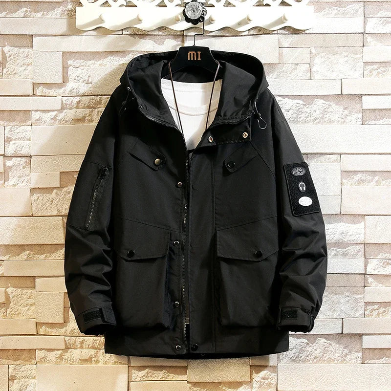 men jacket fashion 2024 army green punch jackets oversized hooded jacket collage zip design patch outdoor coat clean everyday pants