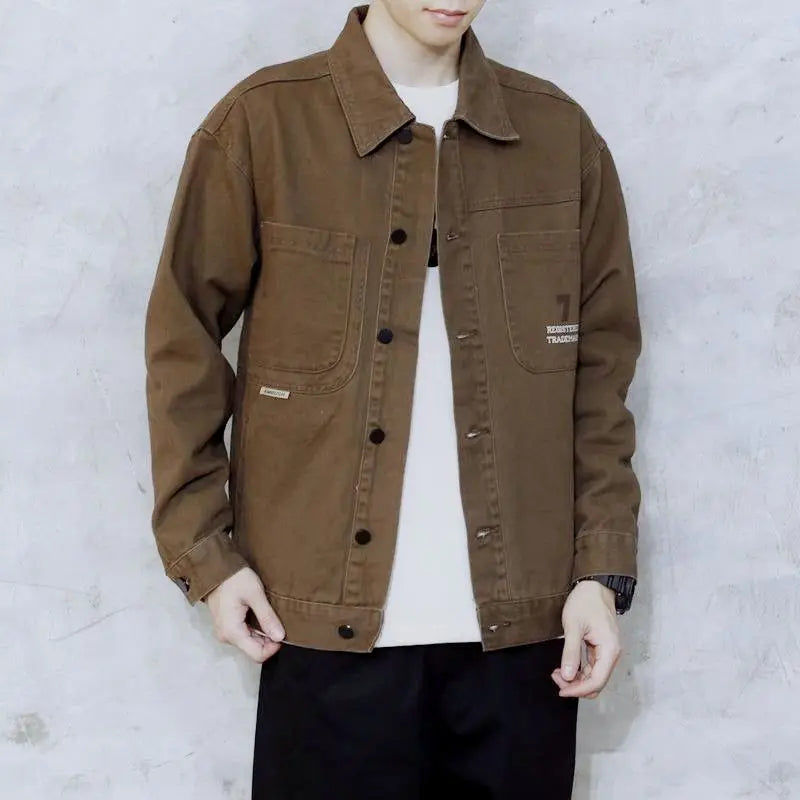 american retro workwear jacket for boys loose spring and autumn high street japanese style khaki casual trendy denim jacket tops unique jeans style 4873