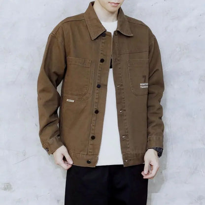 american retro workwear jacket for boys loose spring and autumn high street japanese style khaki casual trendy denim jacket tops unique jeans style 4873