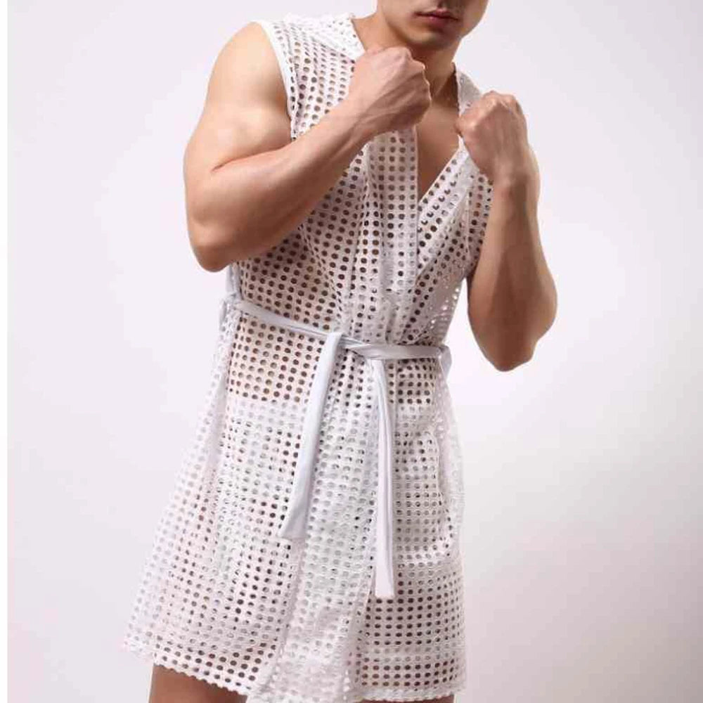 Men Robes Brand Male Sexy Bathrobe Sleepwear Sleeveless Bath Robe Sleep Lounge Badjas Cutout Cardigan Loungewear Mesh Menswear Street King Limited