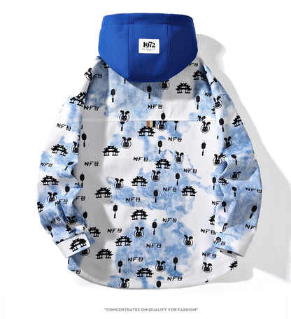 full print jackets for men spring autumn new colour clash hooded coat chest pockets design y2k jackets large size hip hop unique default style 5862
