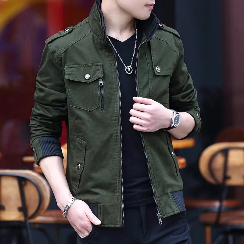 2024 spring autumn new mens jacket korean fashion stand up collar thick denim cargo pants pure cotton coat top clothes unique cargo style 4589