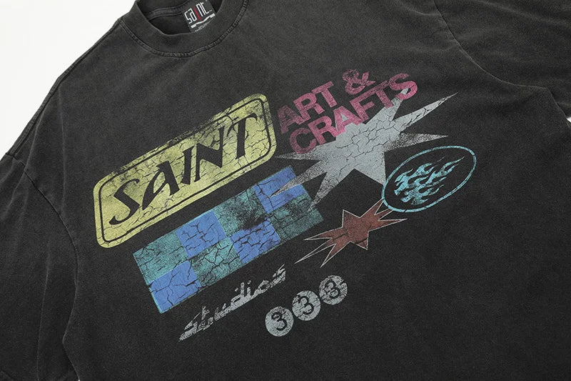 Saint T-shirts New Vintage Wash Letter Printing Chaopai High Street Men Woman Loose Casual Short Sleeve Top Tee Street King Limited