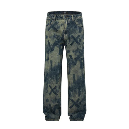 men loose casual american high street hip hop vibe printed denim baggy jeans pants man streetwear ripped jeans trousers unique jeans style 2969