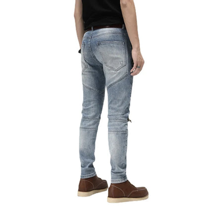 knee zipper patchwork pleated skinny denim jeans men casual slim biker trousers jeans fashion streetwear hip hop pants joggers unique joggers style 123