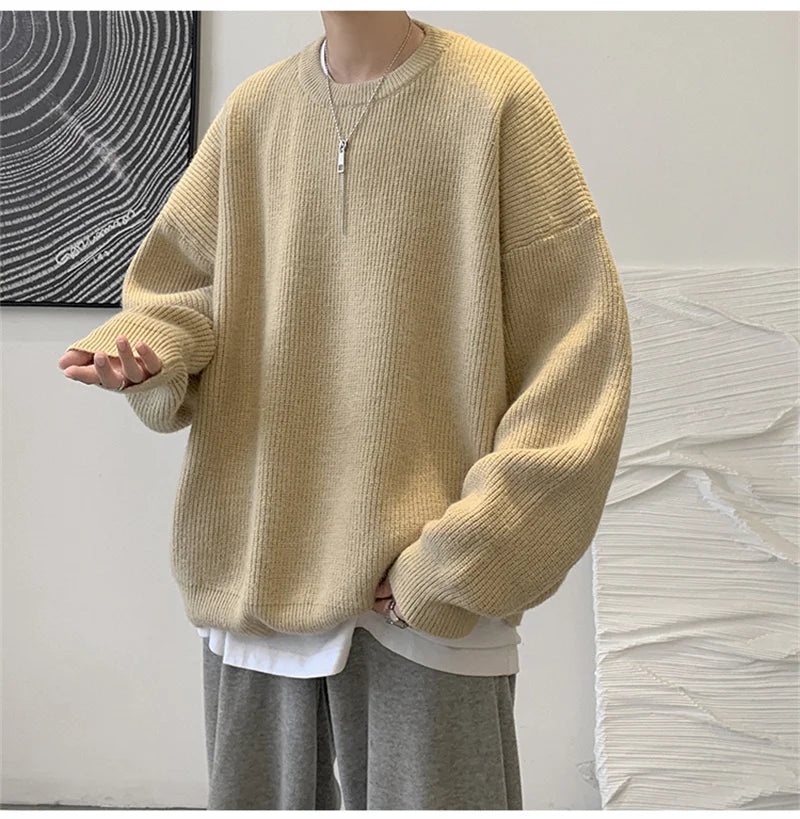 2023 Autumn Crew Neck Solid Color Pullover Sweaters For Men Casual Y2K Knitted Sweater High Street Fashion Jumpers Hombre Street King Limited