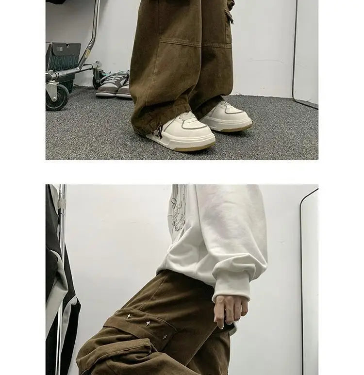 american hip hop large pocket workwear pants for men and women in autumn trend loose fitting straight leg casual wide leg pants unique default style 4764