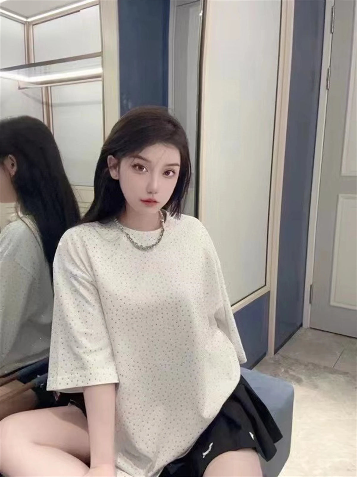 BALCG Style Original Heavy duty Starry Sky Washed Olded Starry Sky Rhinestone Oversized Loose Short sleeved T-shirt White Street King Limited
