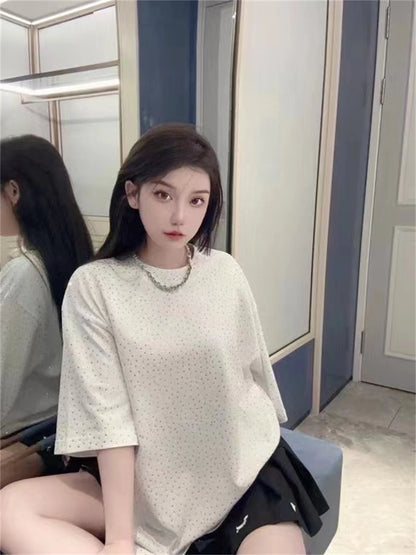 BALCG Style Original Heavy duty Starry Sky Washed Olded Starry Sky Rhinestone Oversized Loose Short sleeved T-shirt White Street King Limited
