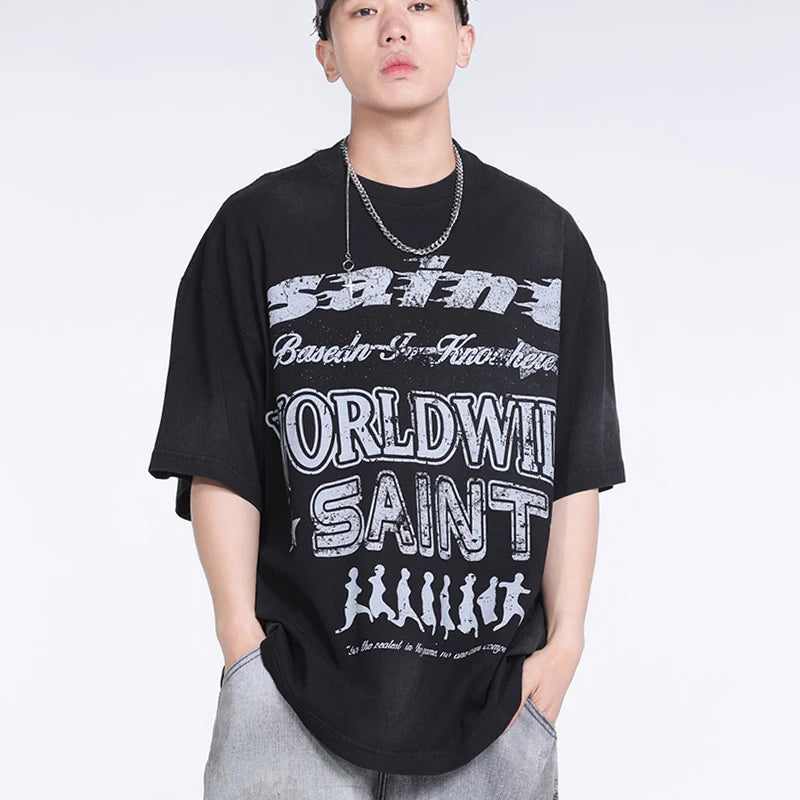 Black White Blue SAINT T-shirt Men Woman Good Quality Vintage Cartoon Pattern Printing Loose Casual Top Tees Street King Limited