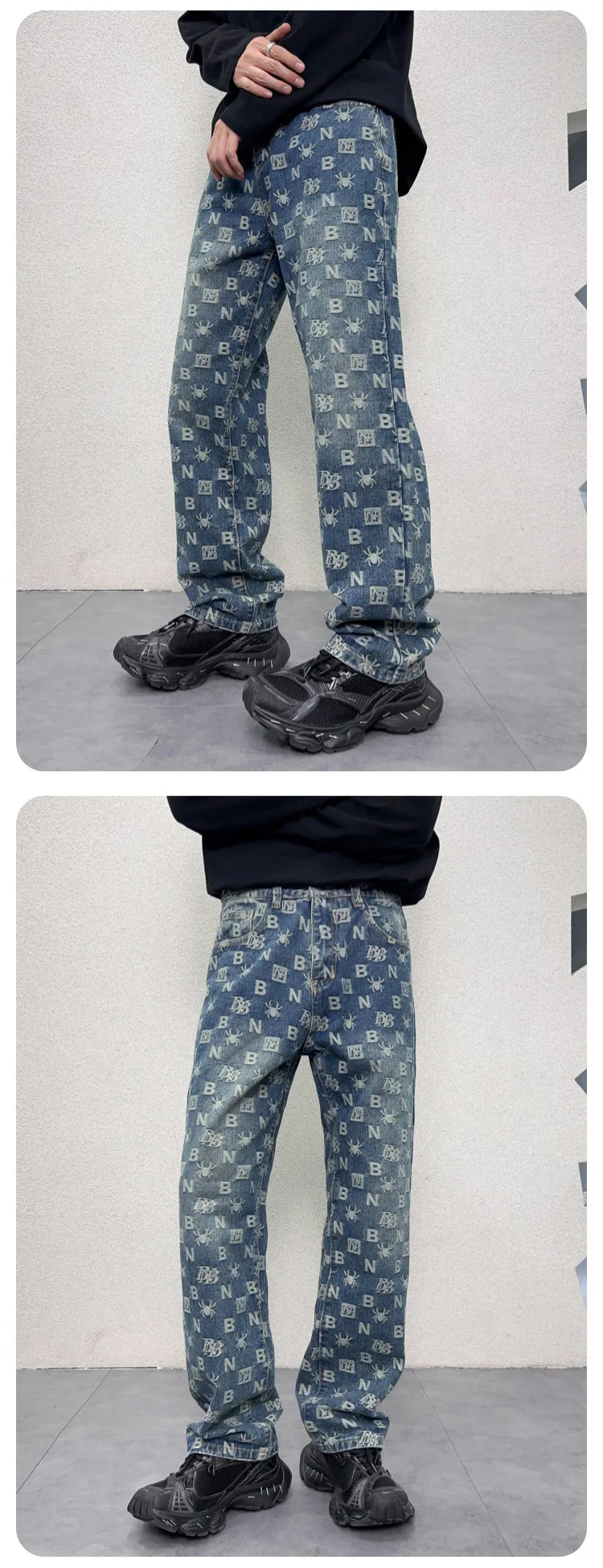 men jacquard streetwear hip hop vibe casual straight denim jeans pants boyfriend high street ripped jeans trousers unique jeans style 3011