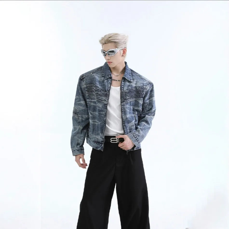 vintage washed mens denim jacket heavy weight high street contour pleat design cowboy coats short motorcycle hip hop outwear unique jeans style 3682