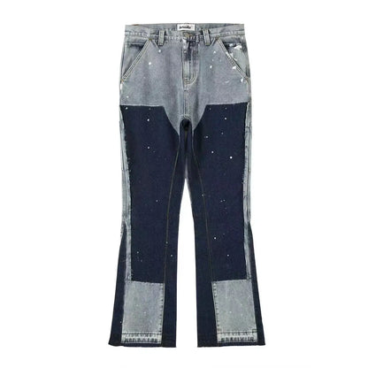 y2k spliced speckled ink patchwork baggy micro flare jeans pants for men streetwear pantalones hombre casual oversized cargos unique cargo style 3459