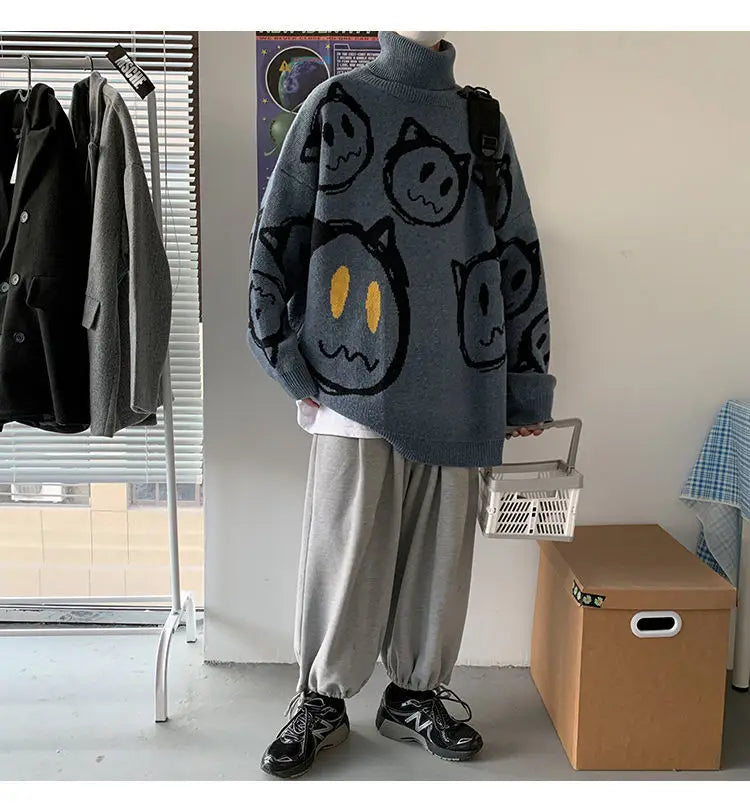 Korean literature art turtleneck sweater men autumn winter lazy style knitted sweater cartoon devil print wool clothes pullovers Street King Limited