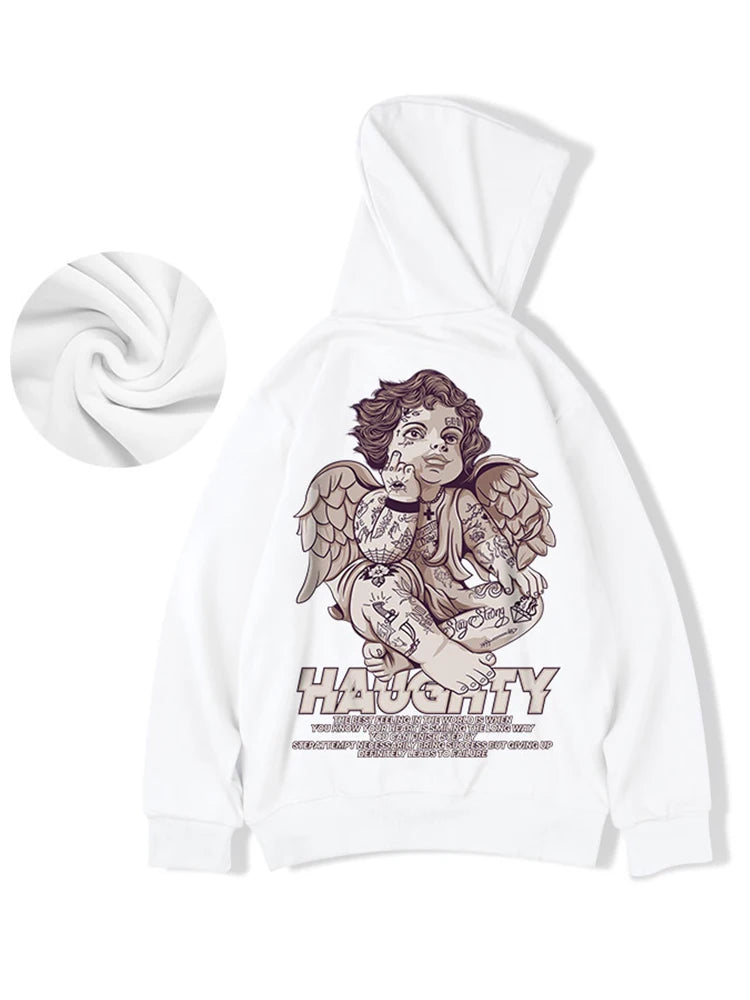 Autumn Haughty Angel Graphic Fleece Hoodies For Men Oversized Retro Loose Hoody Sweatshirts American Streetwear Y2K Clothes Street King Limited