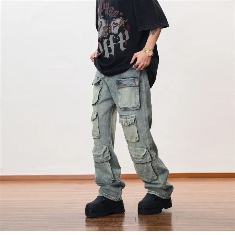 hip hop cargo denim pants streetwear plain denim pants mens harajuku cotton casual joggers jeans loose straight pants trousers unique joggers style 2844