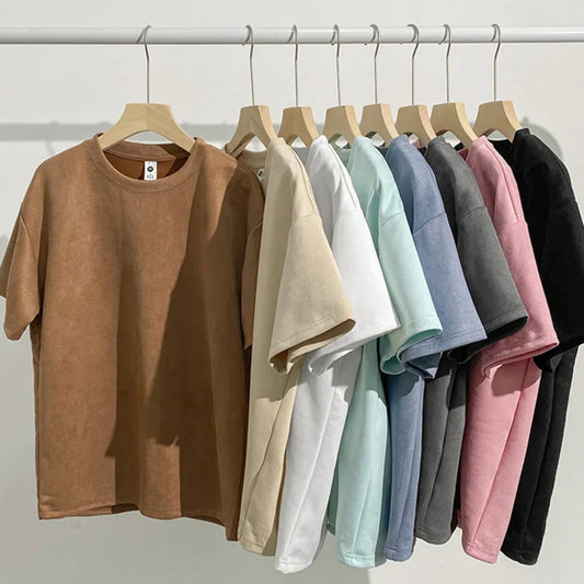 Summer Short Sleeve T-shirt Men Fashion Retro Suede T Shirt Men Streetwear Hip Hop Loose Round Neck Solid Color Tshirt Mens Top Street King Limited