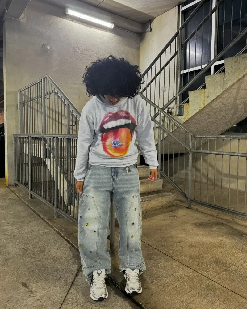2024 Summer New Fashion Big Lips Printed Oversized Hoodie Men's Y2K Street Hip Hop Harajuku Loose Long Sleeve Pullover Women's Street King Limited